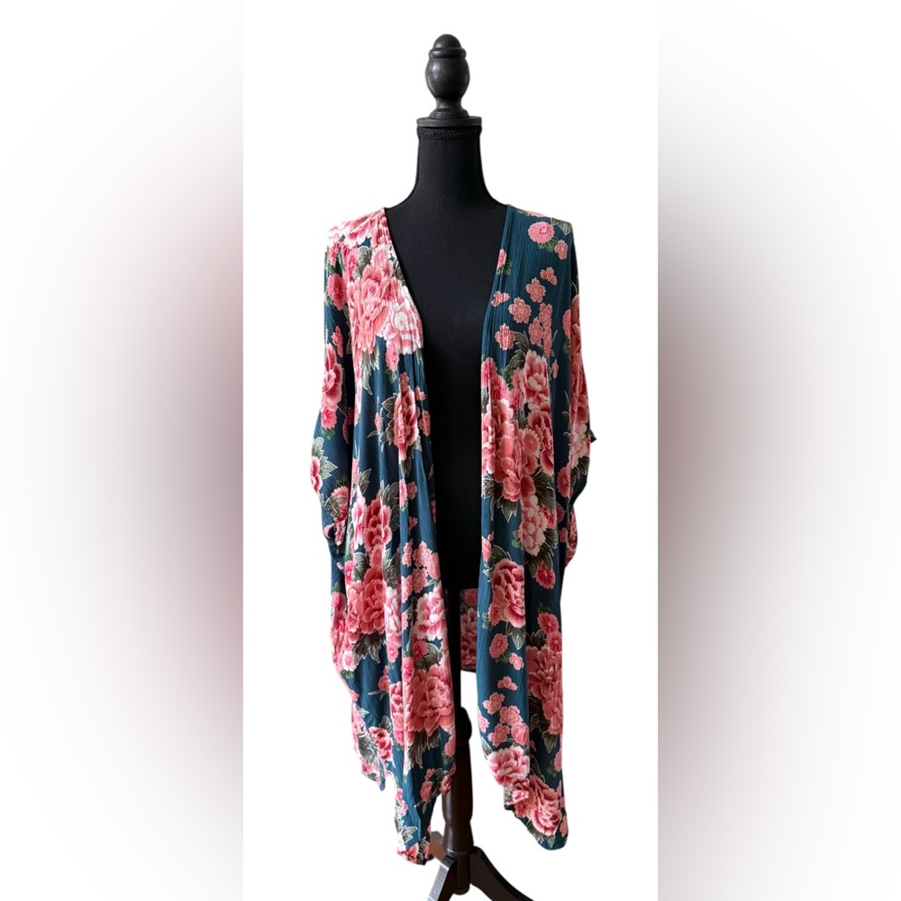 Angie: Pink and Green Rayon Floral Kimono Wrap